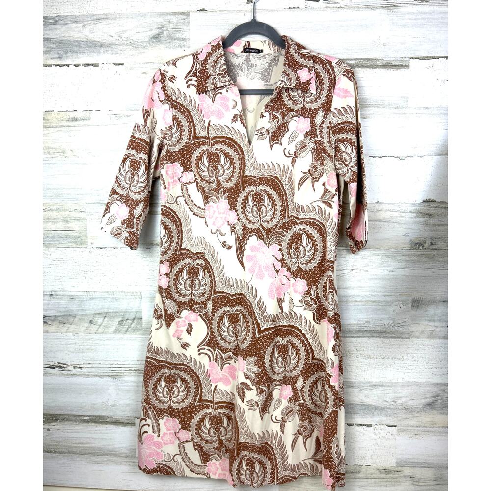 J. McLaughlin Womens 8 Cream Brown Boho Floral Cotton 3/4 Sleeve Midi Dress NEW